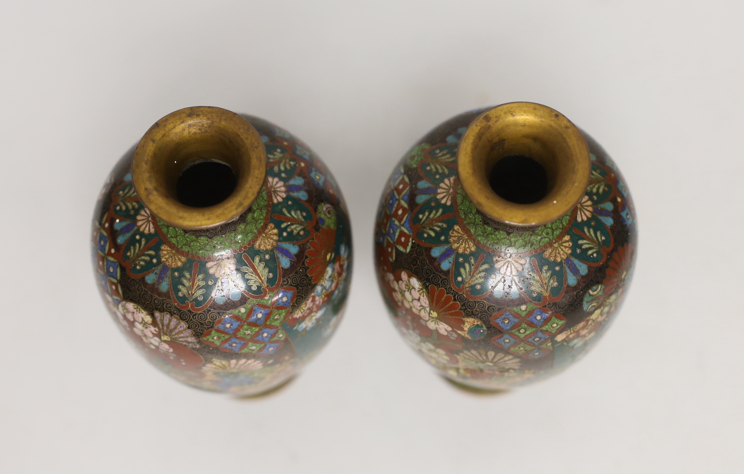 A pair of Japanese cloisonné enamel vases, 18cm